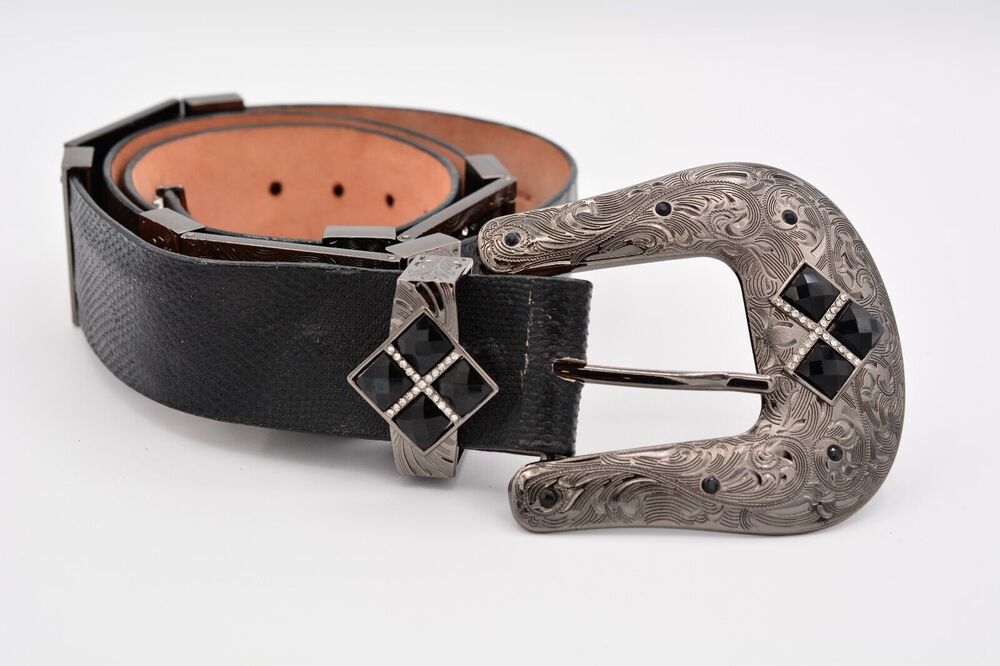 Los Altos Boots Western Belt 38" Black Leather Rhinestone Crystal Gunmetal